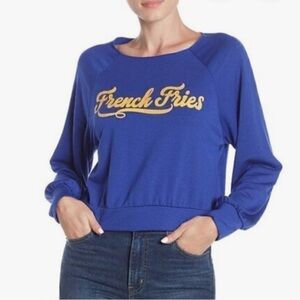Hiatus Graphic French Fries Logo Long Sleeve Cropped Blue Shirt Size XS